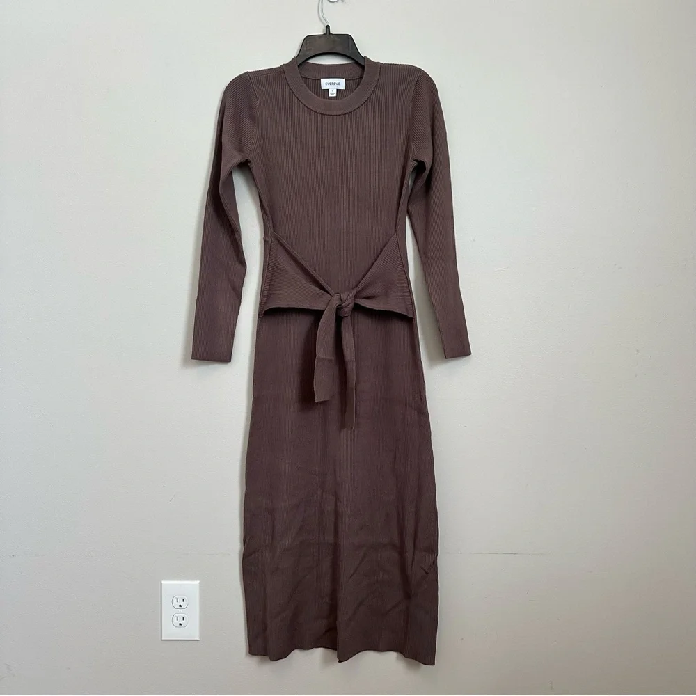 Evereve Ribbed Knit Tie Waist Midi Dress Brown Long Sleeve Size Small Minimalist - Picture 2 of 8